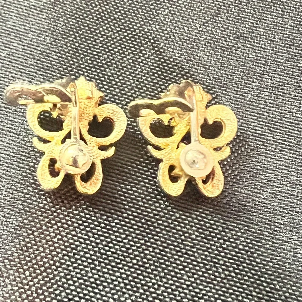 Vintage 1960s Gold Clip-On Earrings Copper‎ Orange Rhinestone Scroll Pat Pending